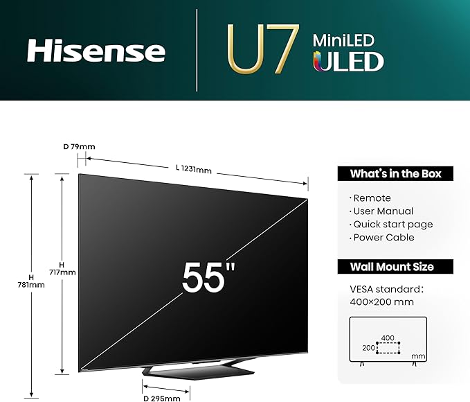 Hisense 55U7NQ 55'' 4K Smart QLED MINI LED 120hz Gaming TV