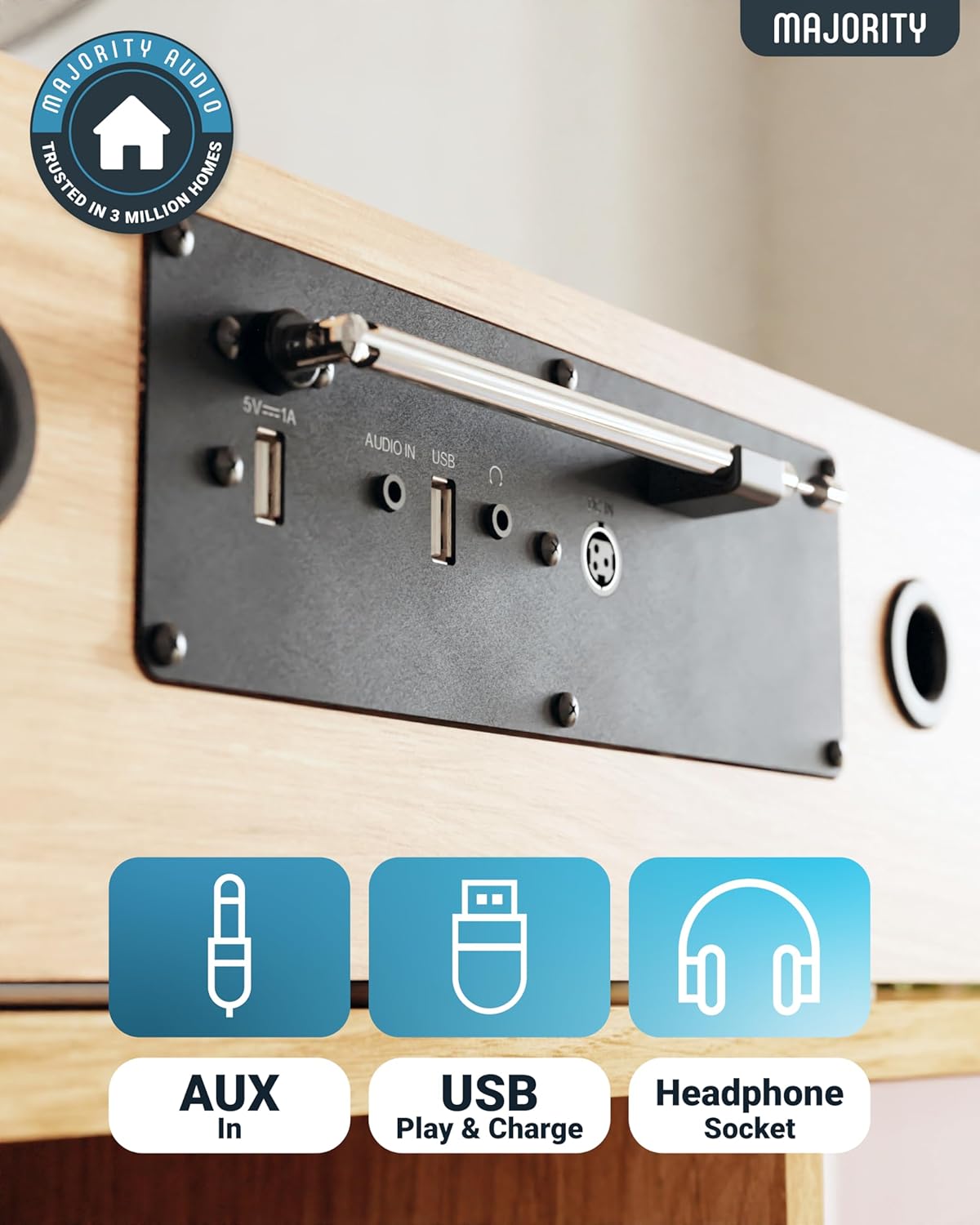 Majority OAKINGTON 120W Mini HiFi System with CD-BT-USB-FM Oak
