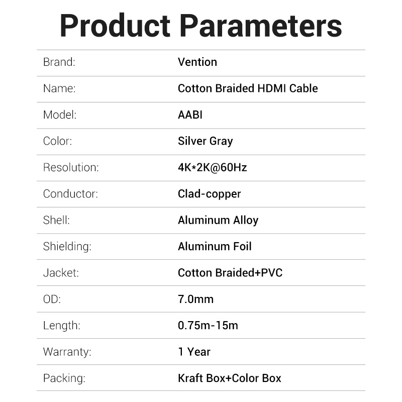 Vention HDMI Cable 2.0 4K60Hz Braided 2.0m Silver AABIH