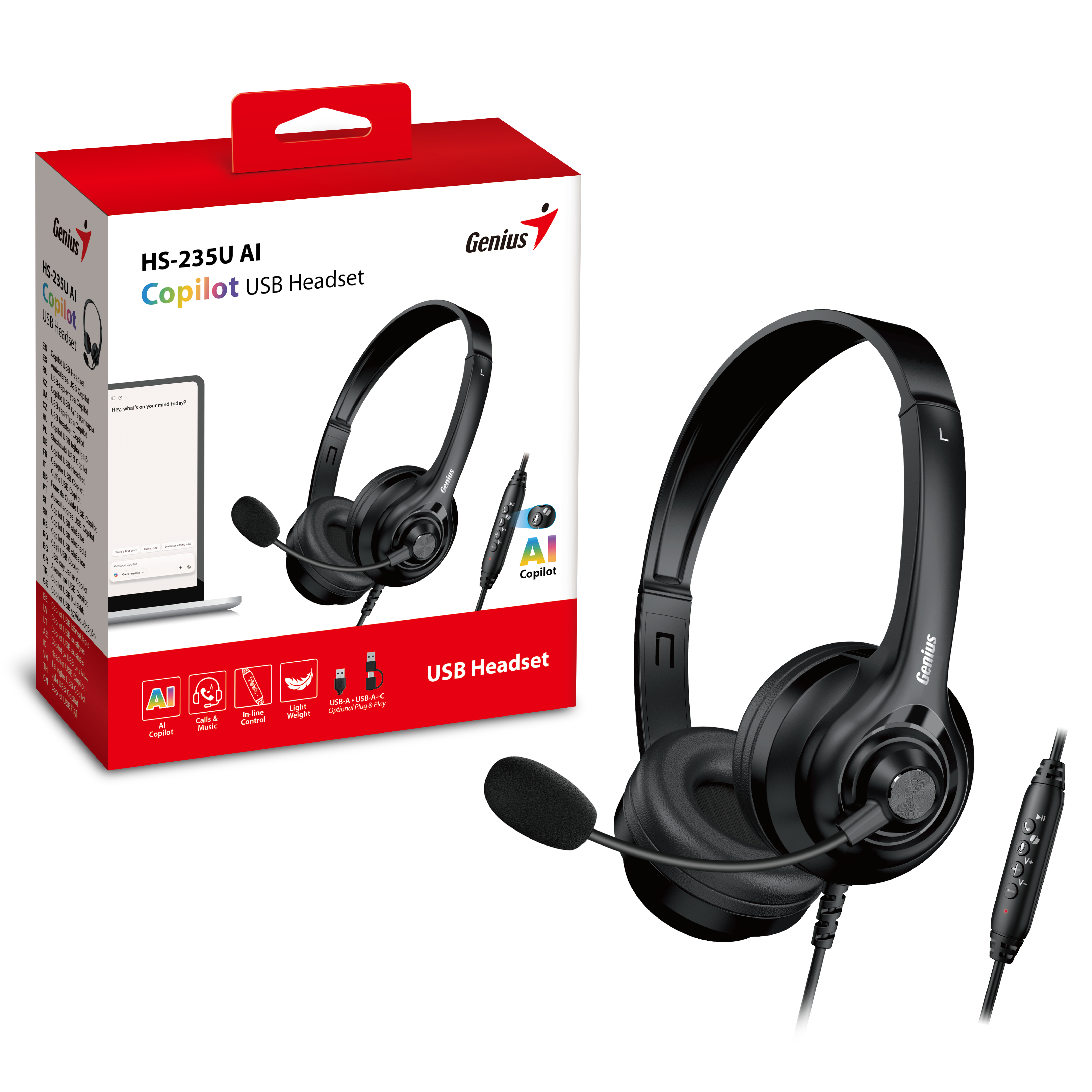 Genius PC Headset USB-A+C InLine Control & Ultra Soft Foam Cushions HS-235U AI