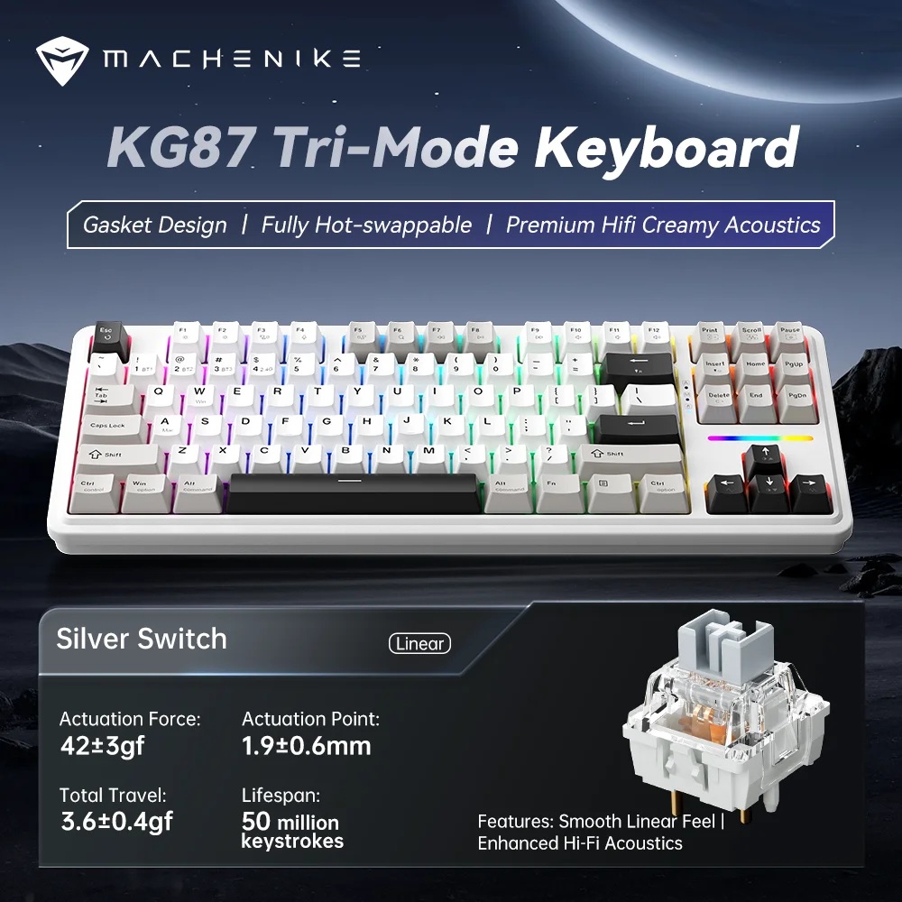 Machenike Wireless Gaming Keyboard ,Wired,Bluetooth,2.4G, Linear Silver Switches,4000 mAh battery, KG87