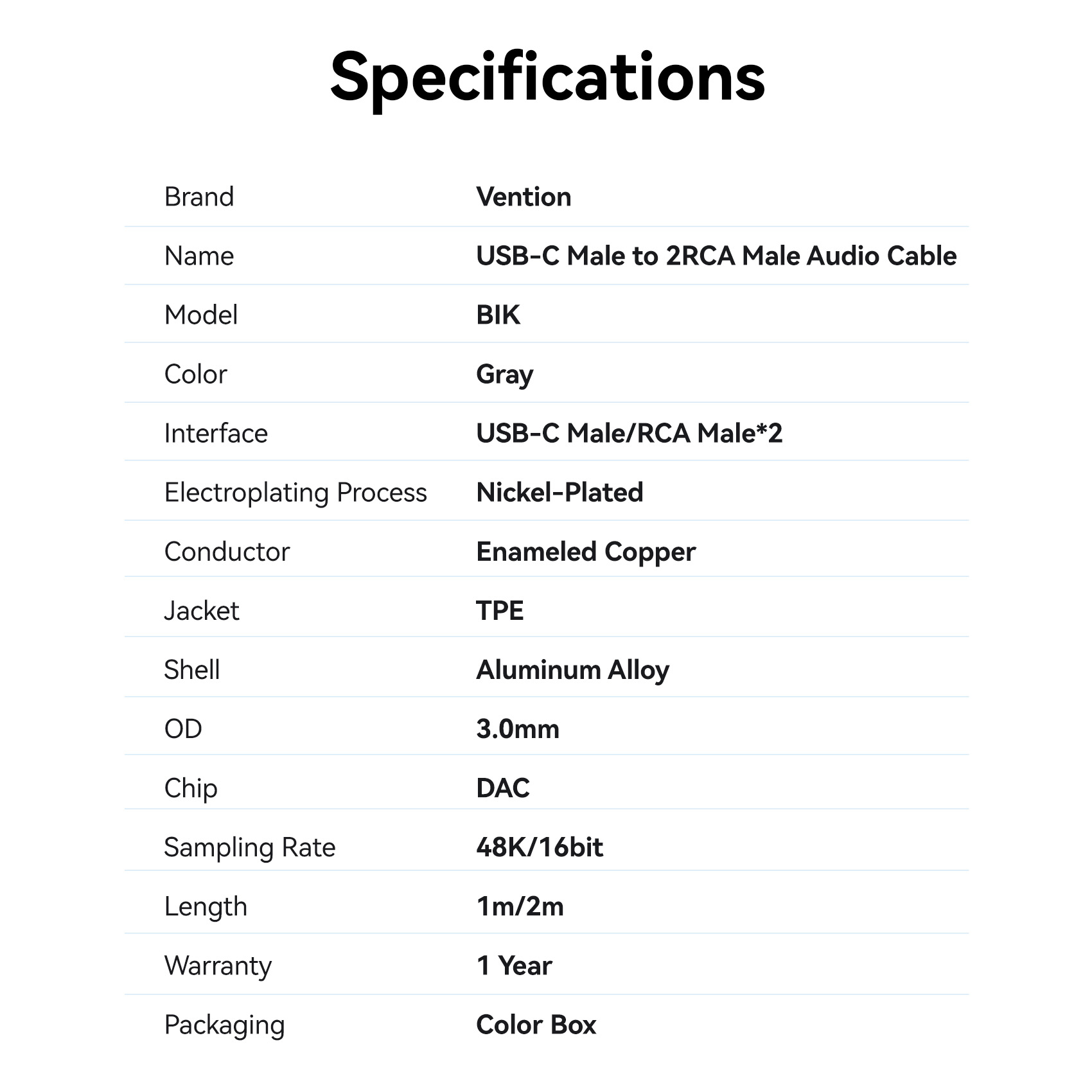 Vention AUDIO CONVERTER USB-C to 2RCA Male Cable 1.0m BIKHF