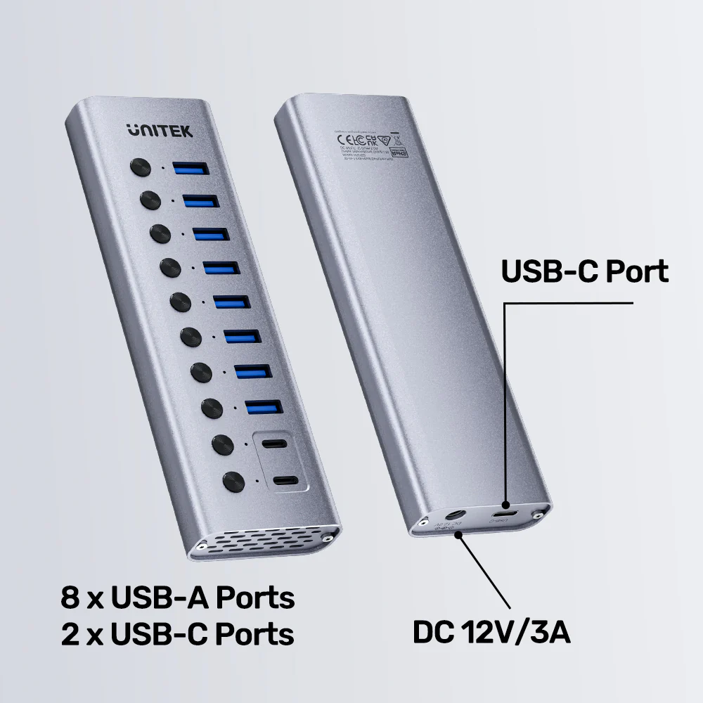 Unitek USB-C Hub 8xUSB-A Power Switch 2xUSB-C 12V3A H1315B
