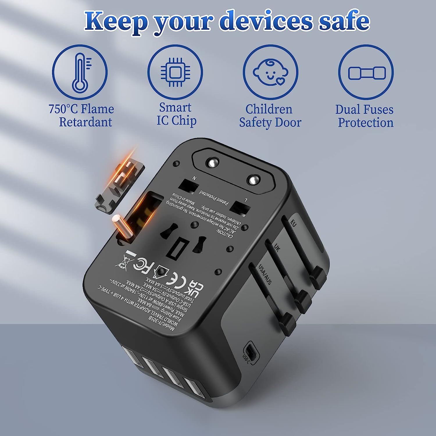 Travel Adapter Worldwide 224+ Countries 5.6A Fast Charge Universal Travel Adapter (4 USB  & 1 USB C)