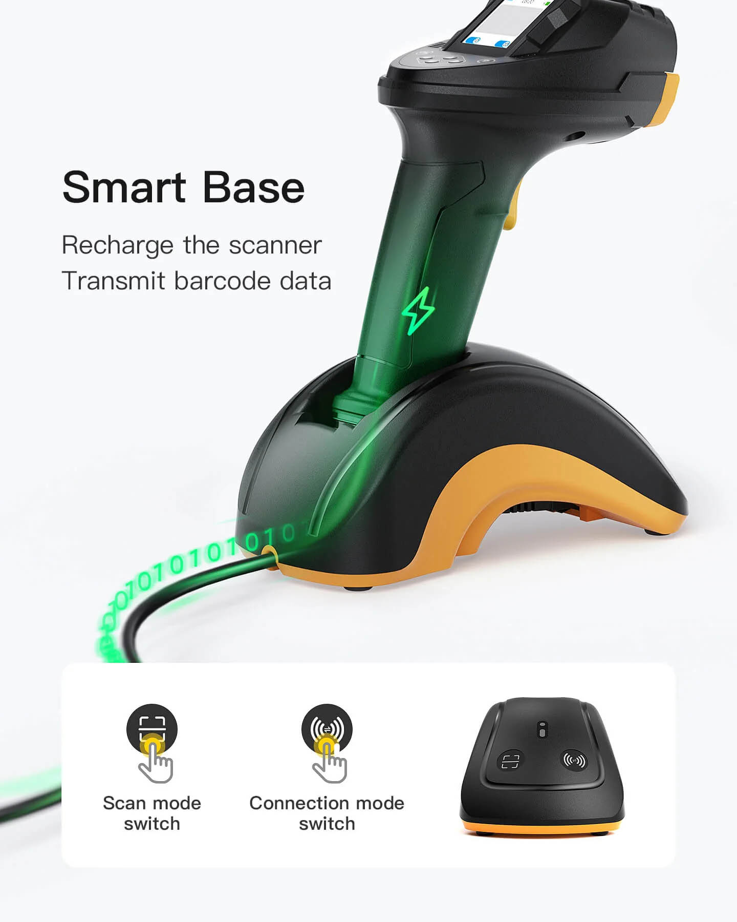 Inatech Barcode Scanner CMOS+CCD 1D/2D Wireless 2.4GHz/Bluetooth USB-A 2600mAh Display Screen Smart Charging Base N6001 Black