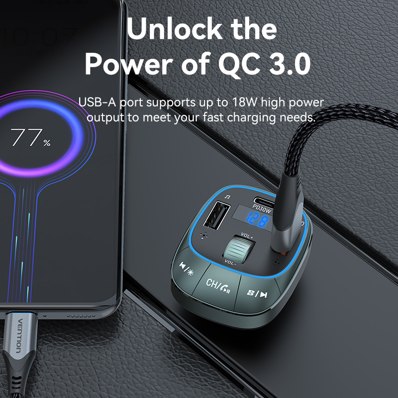 Vention Car FM Transmitter, USB Music Player & Charger 3xUSB 30W/18W/5W FFLB0