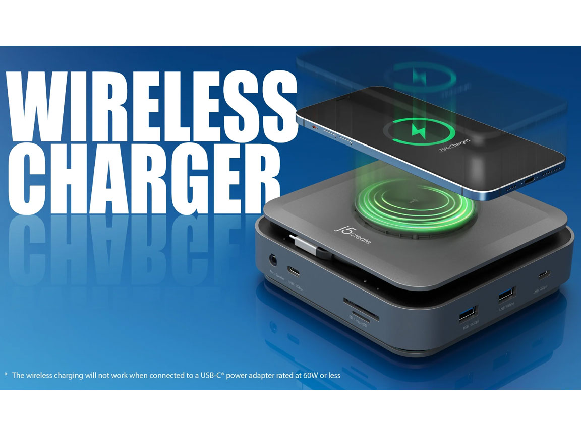 j5create Dock USB-C Dual Display 4K MST MacBookM3 HDMI/RJ45/SD/USB/PD + Wireless Charger + 140W PSU UK JCD3199P