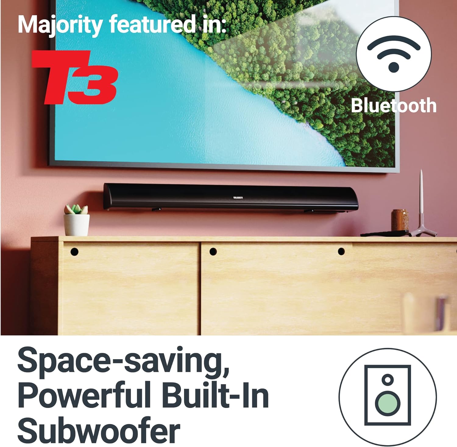 Majority SNOWDON II 2.1 Soundbar with Built In Subwoofer 120W BT & Optical Black (UK)