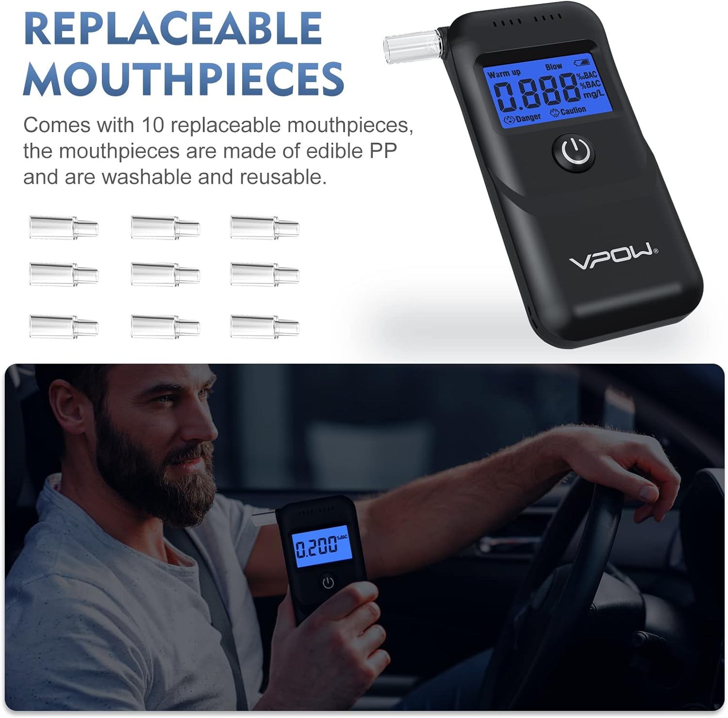 VPOW Breathalyser Alcohol Meter with Digital Blue LCD Display
