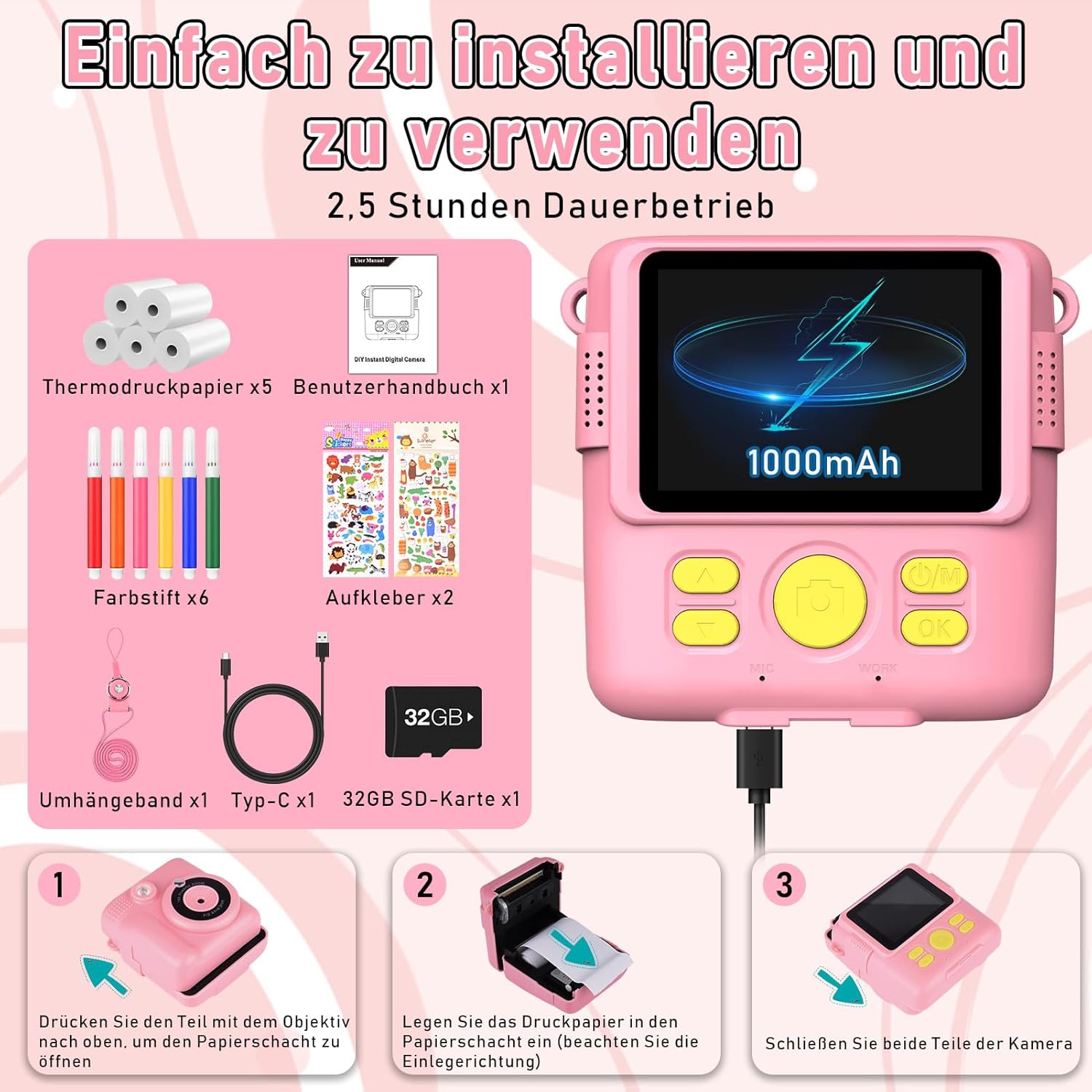 Children's Camera Instant Camera 1080P with 5 Rolls of Printing Paper, 32GB Card, Photo Camera with 6 Coloured Pens, 2 Stickers Gift for Children - Pink
