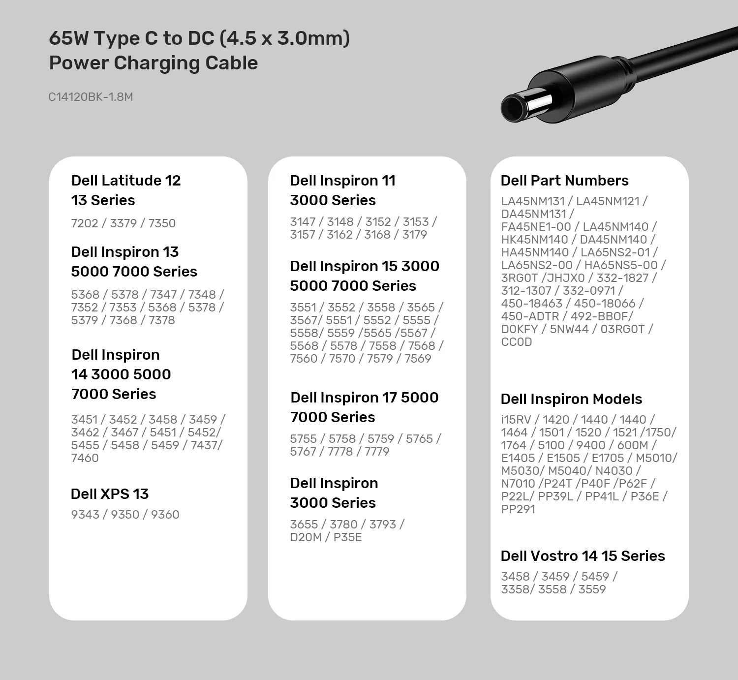 Unitek UCL USB-C to DC Cable 1.8m 65W for Dell 4.5*3.0mm C14120BK