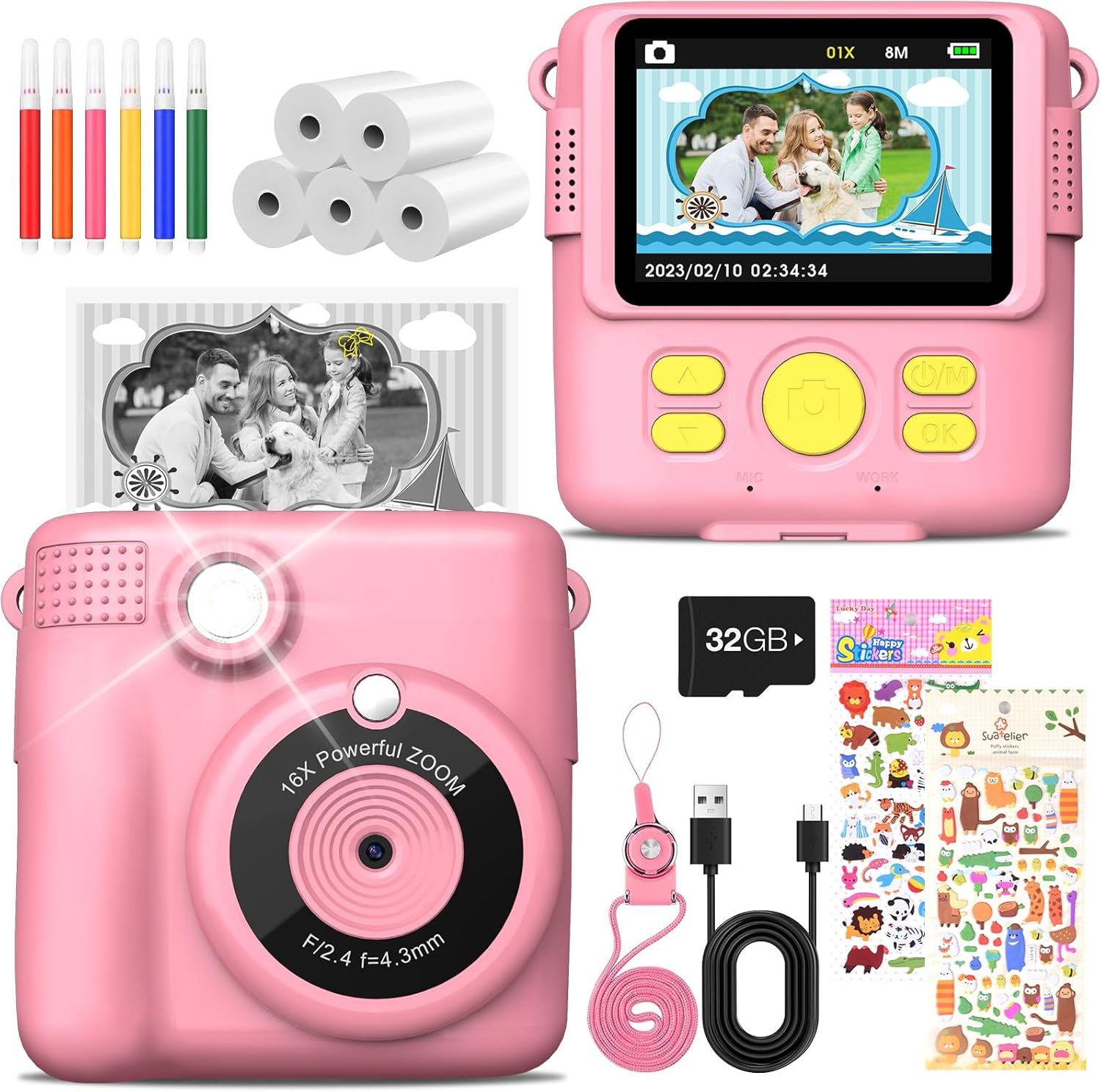Children's Camera Instant Camera 1080P with 5 Rolls of Printing Paper, 32GB Card, Photo Camera with 6 Coloured Pens, 2 Stickers Gift for Children - Pink