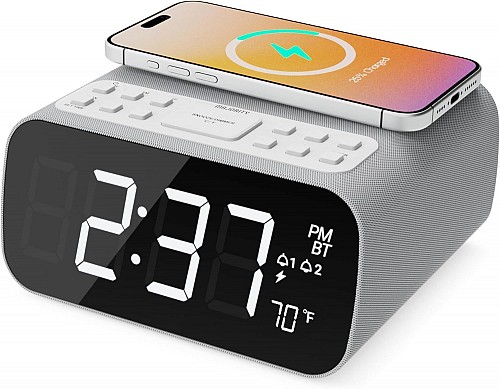 Majority Darwin Bedside Radio with Alarm Clock, Wireless Charger, FM, Bluetooth & LCD Screen with Tempereature