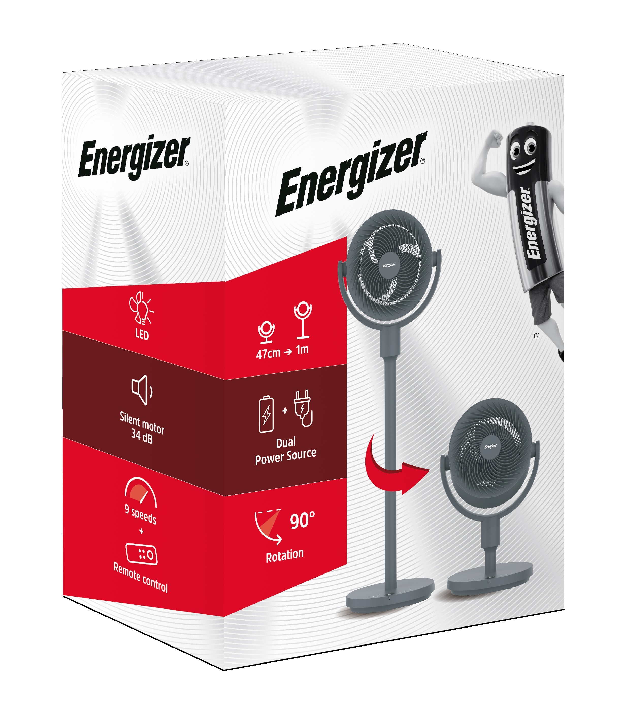 Energizer F609R Floor & Table Fan 9'' Extendable up to 1m Quiet, Rotatable & USB Rechargeable