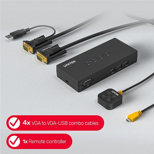 Unitek VGA KVM Switch 4In1Out w/3-Port USB2.0 Hub U-8710ABK