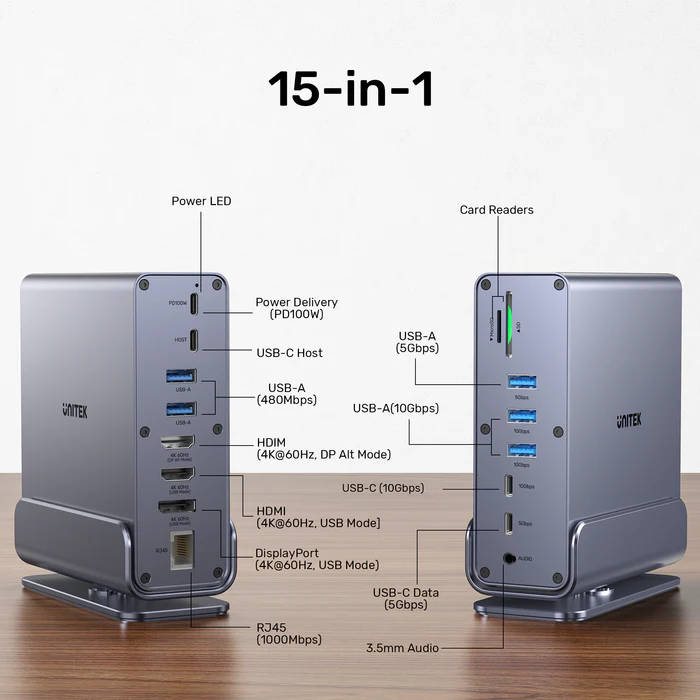 Unitek D1135A 15in1 USB-C Hub Supports Macbook M1 Triple 4K Displays PD100W Dual Card Readers