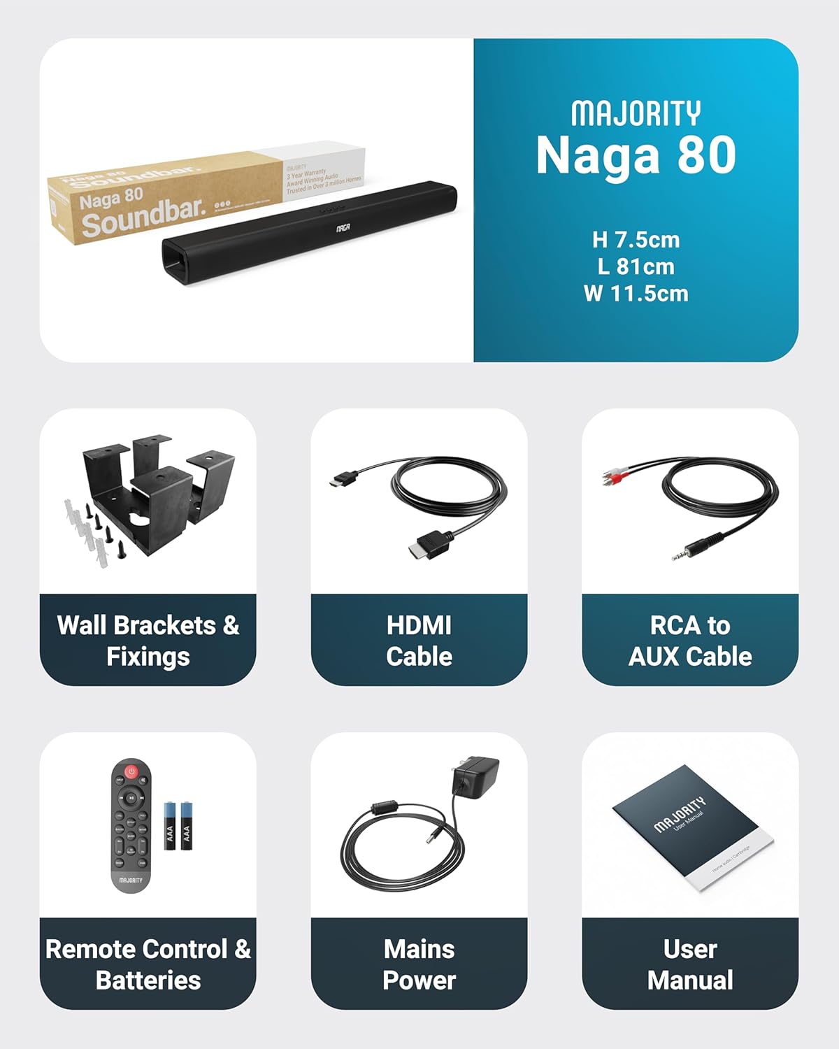 Majority Soundbar NAGA 40 80W 2.1 3D Sound Built-in Sub