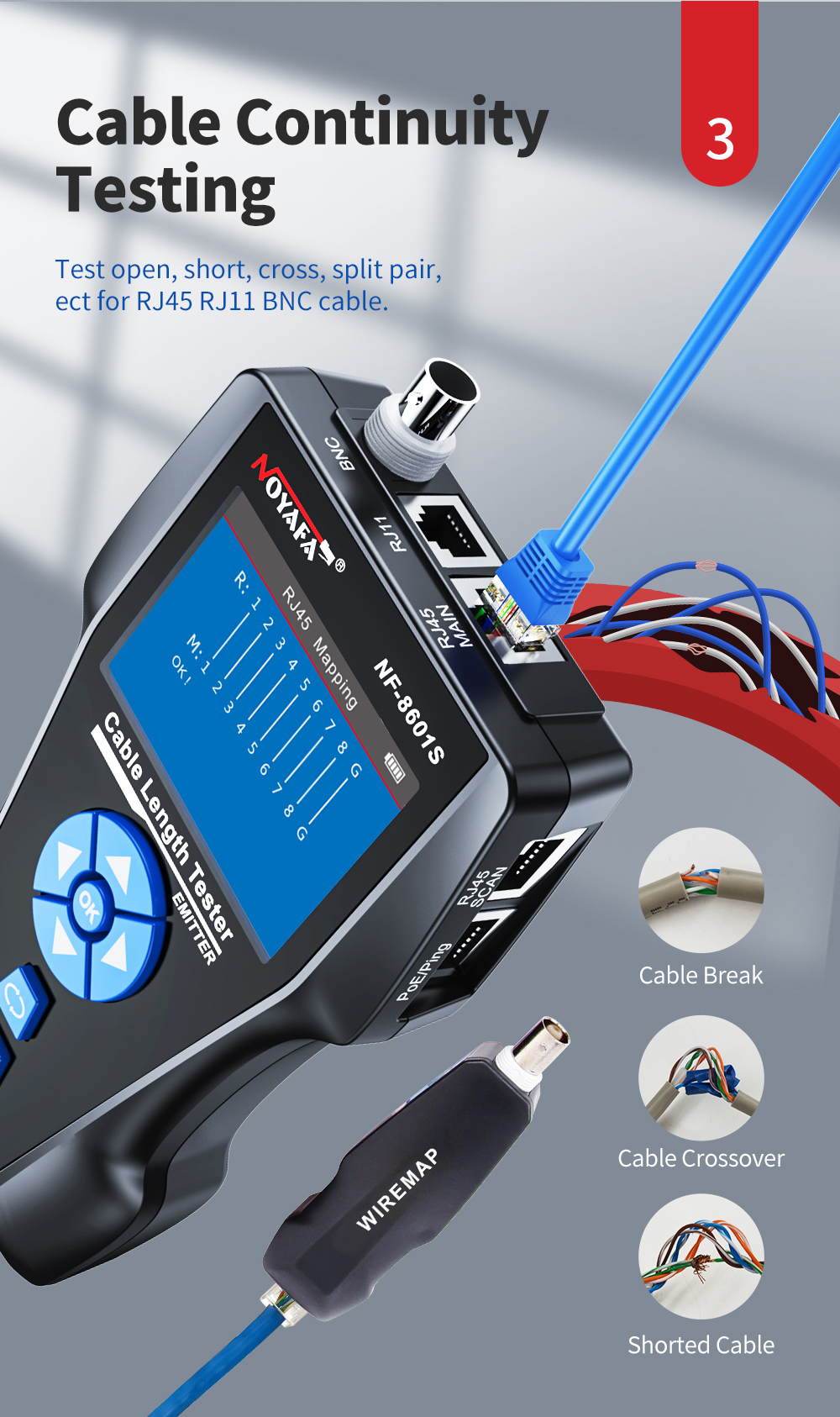 Noyafa Multi-Function Cable Tester with PoE, Ping, TDR Length Measurement, Port Flashing & NCV for RJ45, RJ11, BNC, CAT7 NF-8601S