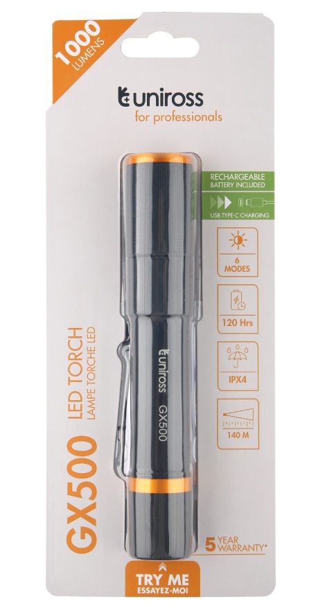 Uniross GX500 USB Rechargeable Torch IP44 Waterproof Aluminium 1000 lumens 140m Beam 120hrs Battery