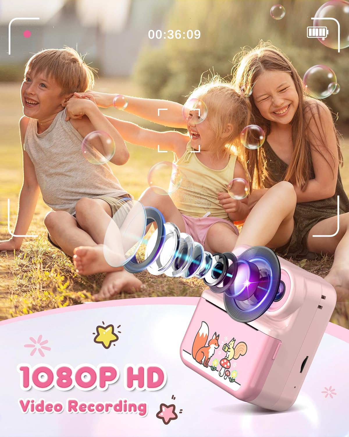 Children's Instant Camera 1080P HD 2.4 Inch Double Lens Instant Camera Children with 32GB Card and 3 Rolls of Printing Paper Children's Toy Gifts for Boys Girls 3-12 Years - Pink