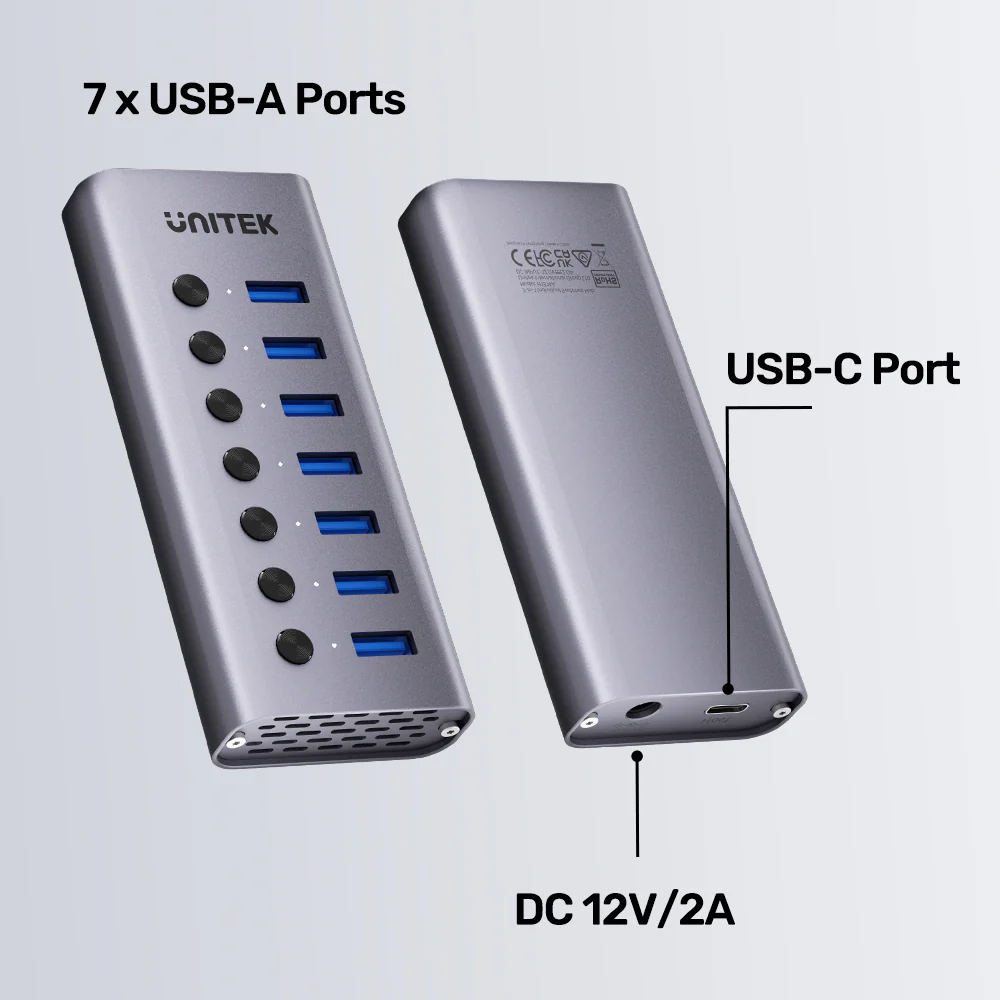 Unitek USB-C Hub 7xUSB-A Power Switch 12V2A H1314A
