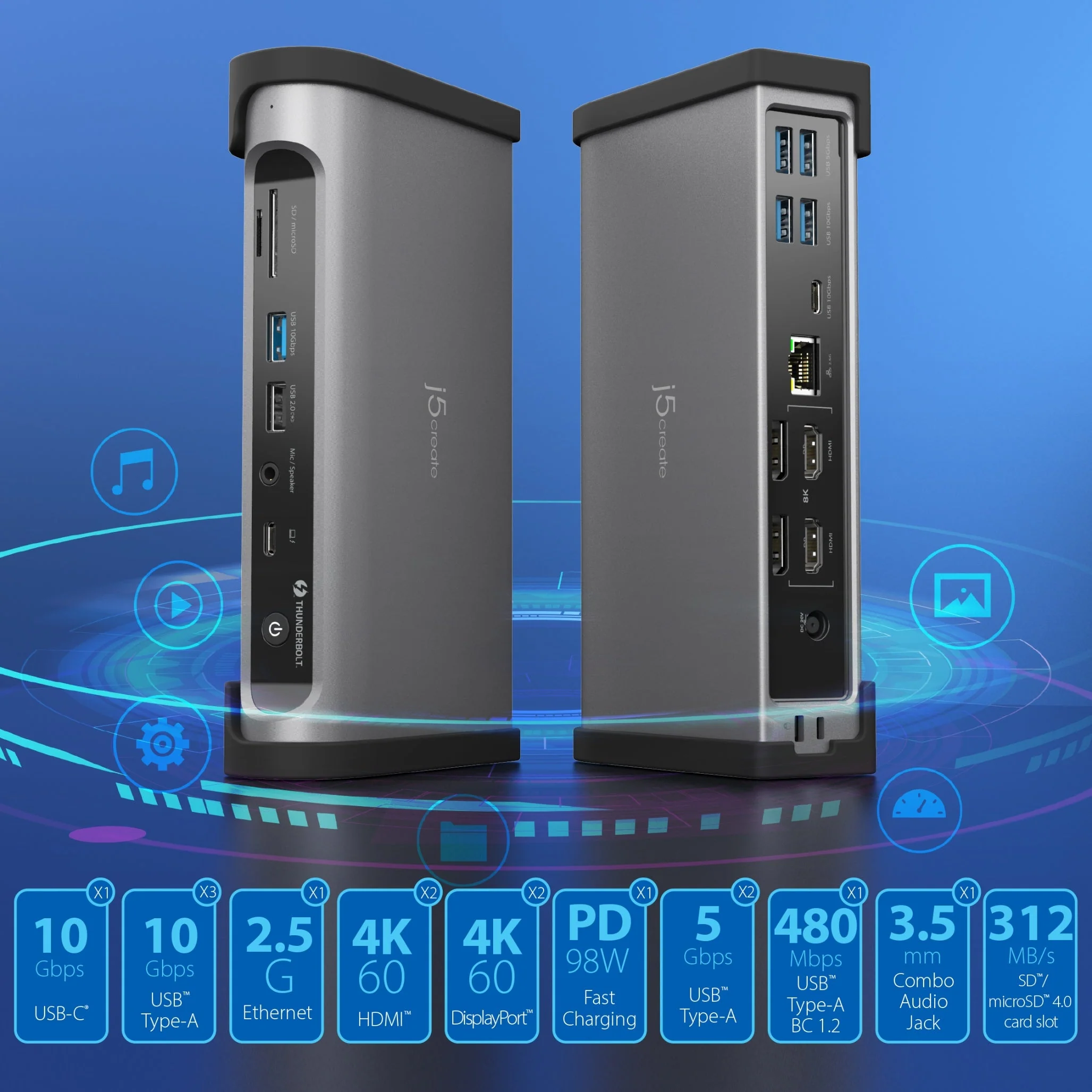 j5create Thunderbolt 4 Docking Station 15-in-1 Supports 4 x 4K Displays 10Gbps with 135W PSU JTD568