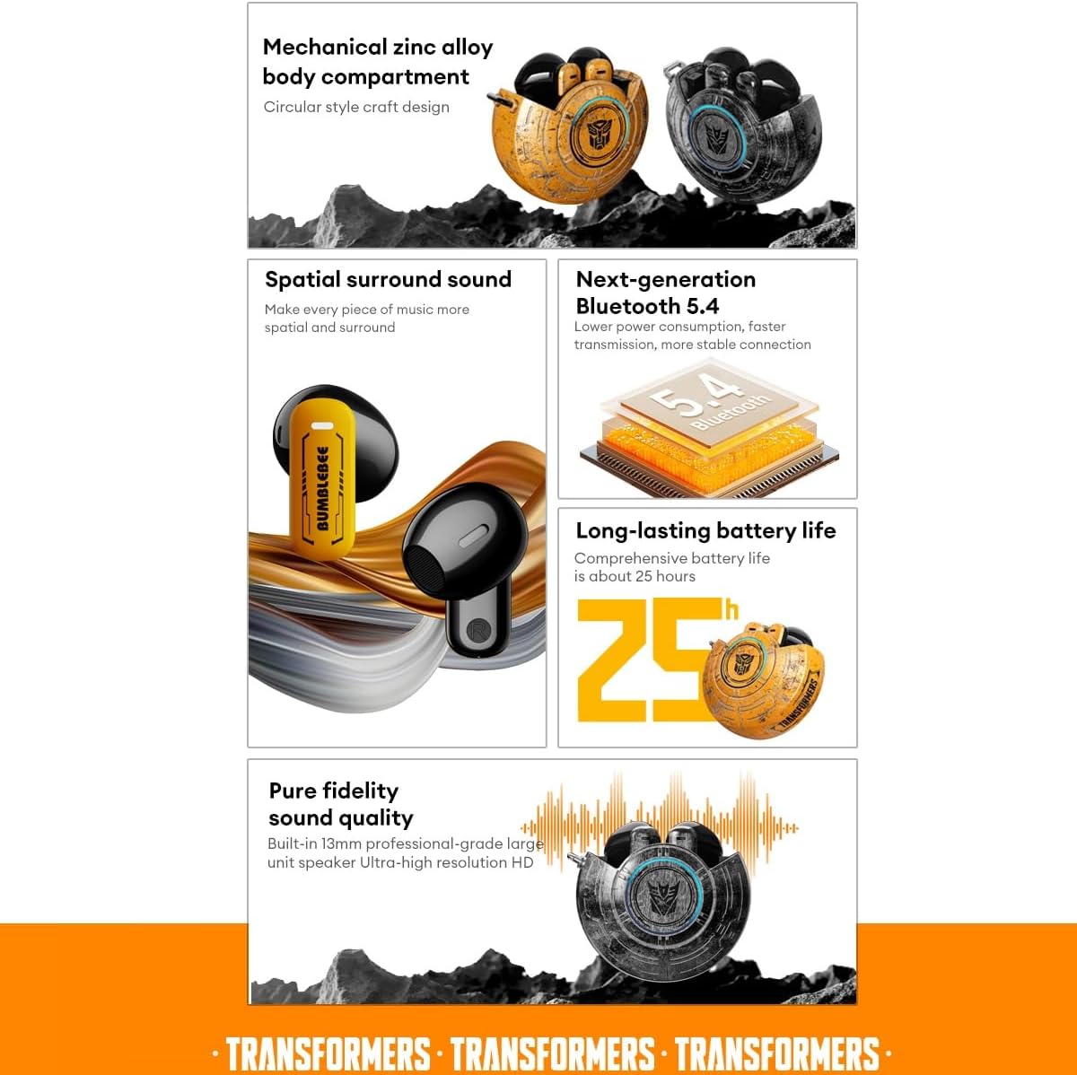 Transformers TWS Earphone, Low Latency, Game/Music Modes, TF-T31 Yellow