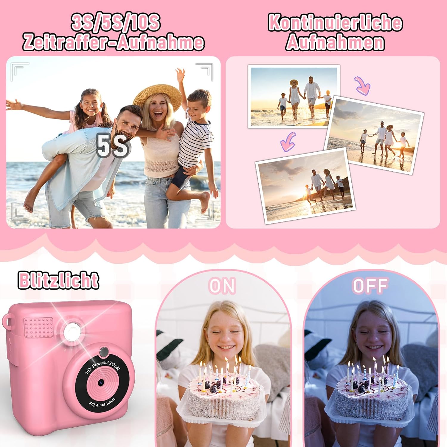 Children's Camera Instant Camera 1080P with 5 Rolls of Printing Paper, 32GB Card, Photo Camera with 6 Coloured Pens, 2 Stickers Gift for Children - Pink