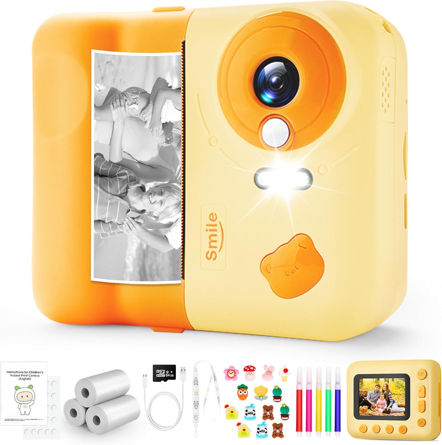 Instant Camera 1080P, 2.4 Inch Children's Camera, Instant Print with 64G Card & 3 Rolls of Printing Paper, Perfect for Children 3-12 Years