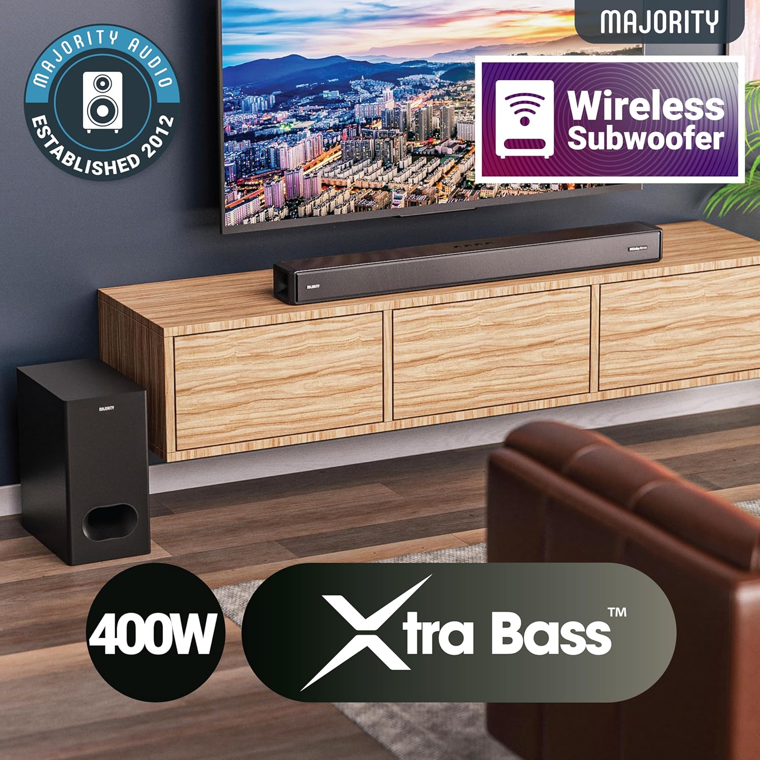 Majority SIERRA PLUS Soundbar 400W 2.1.2 Dolby Atmos Wireless Subwoofer 3xHDMI BT-USB (UK)
