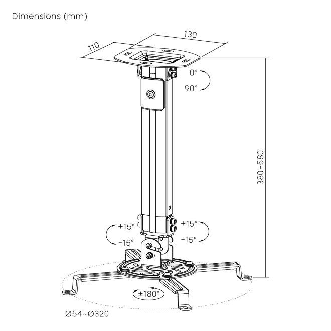 Brateck PRB-18S Ceiling Projector Mount 38-58cm 13.5kg Black