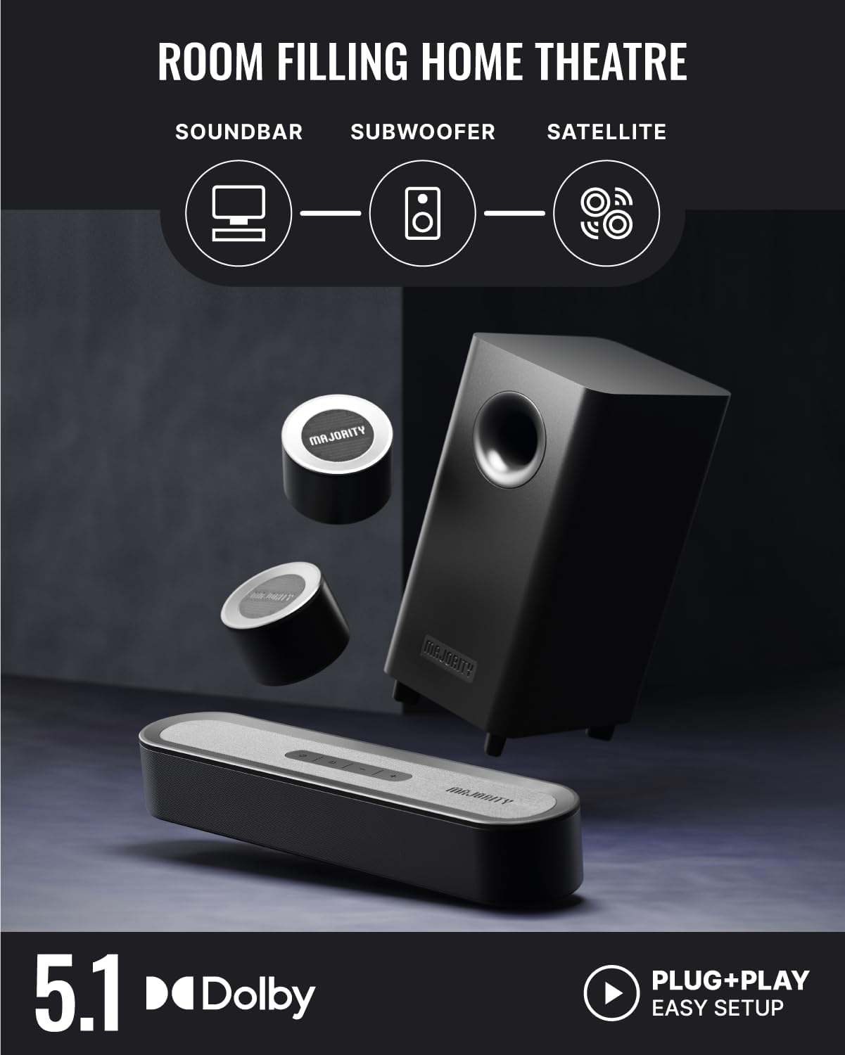 Majority Soundbar BOWFELL HALO DOLBY 5.1 230W Wired Sub & 2 Satellite Speakers