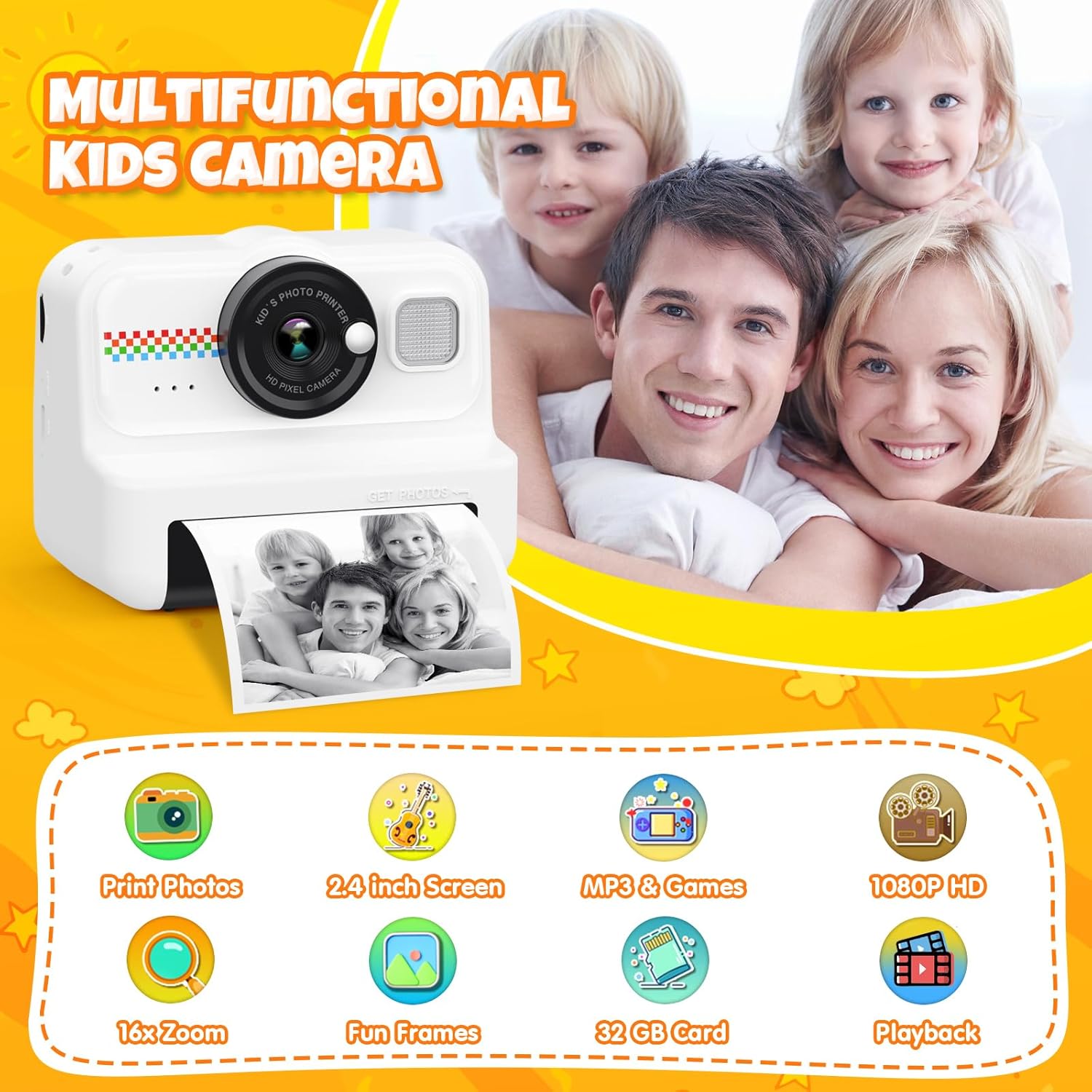 Children's Instant Camera with 32GB Card & 3 Rolls of Printing Paper - White