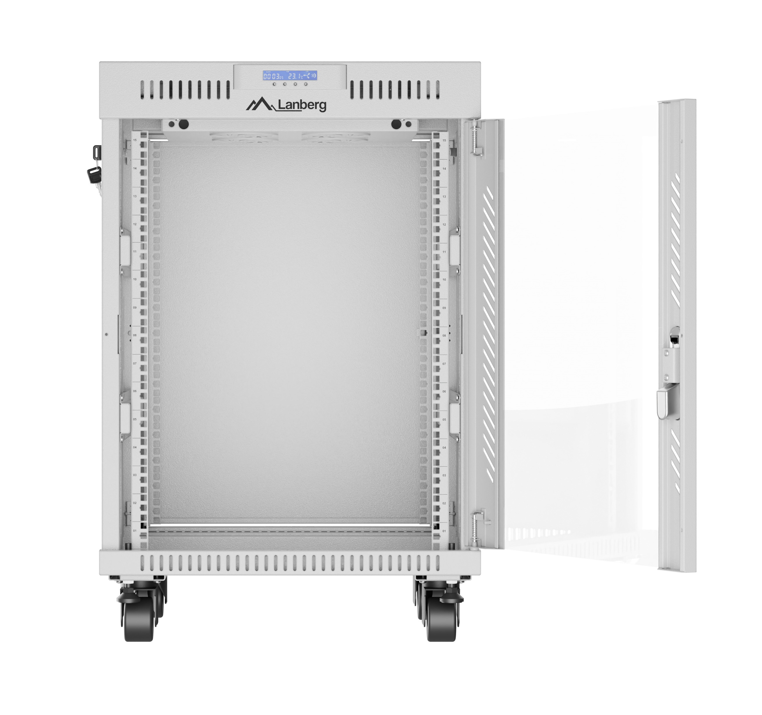 Lanberg Free Standing Cabinet 19'' with Glass Door 15U 60cm Ventilation Panel with LCD, 2 Fans & Thermostat Grey (not assebled)