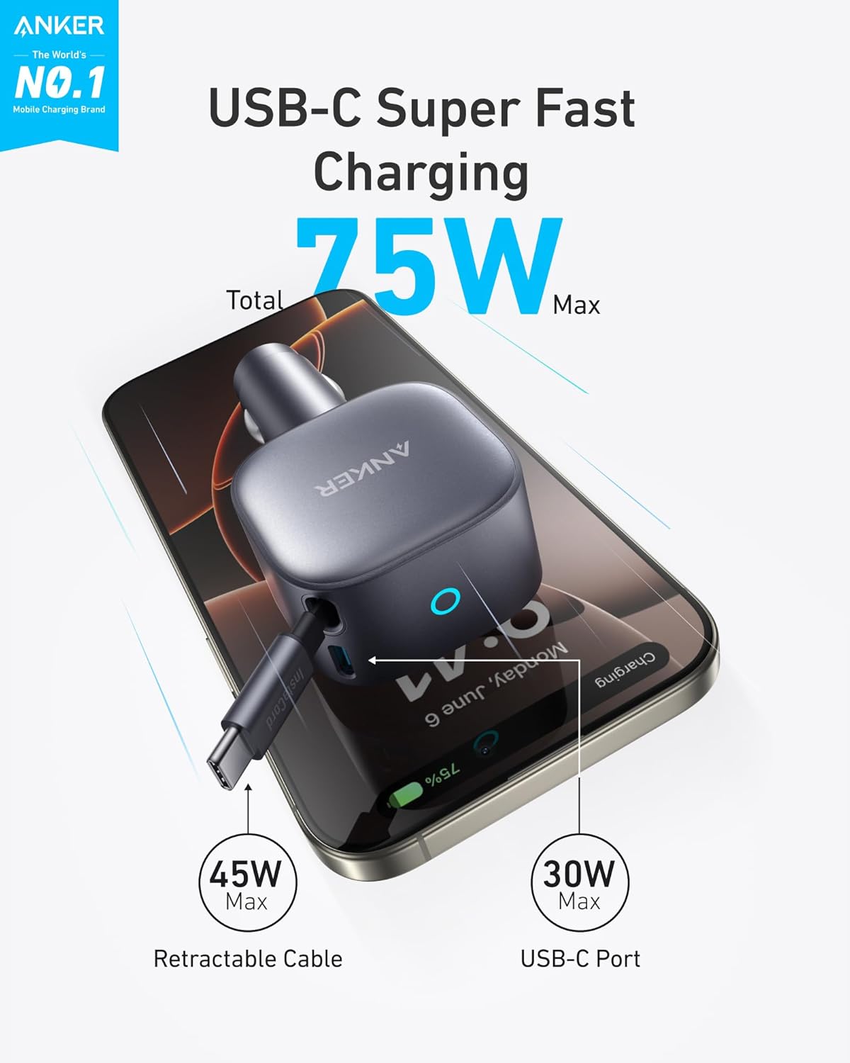 Anker Mobile Charger Car 75W with Built-In Retractable USB-C Cable