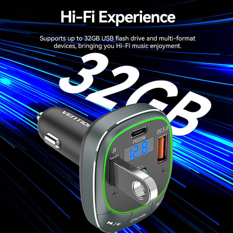 Vention Car FM Transmitter, USB Music Player & Charger 3xUSB 30W/18W/5W FFLB0