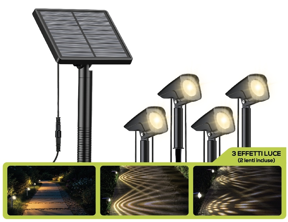 REXER Outdoor Kit 4x IP65 LED Solar Spotlights with Spike & Panel