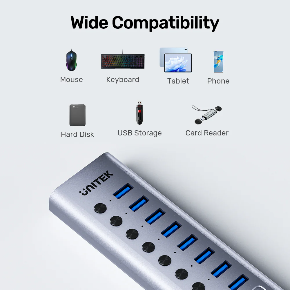 Unitek USB-C Hub 8xUSB-A Power Switch 2xUSB-C 12V3A H1315B