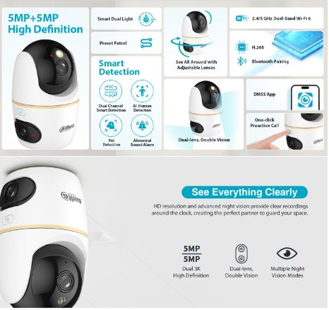 Dahua IP Indoor 5.0MP Wifi PT Dome Dual Lens H5D-5F