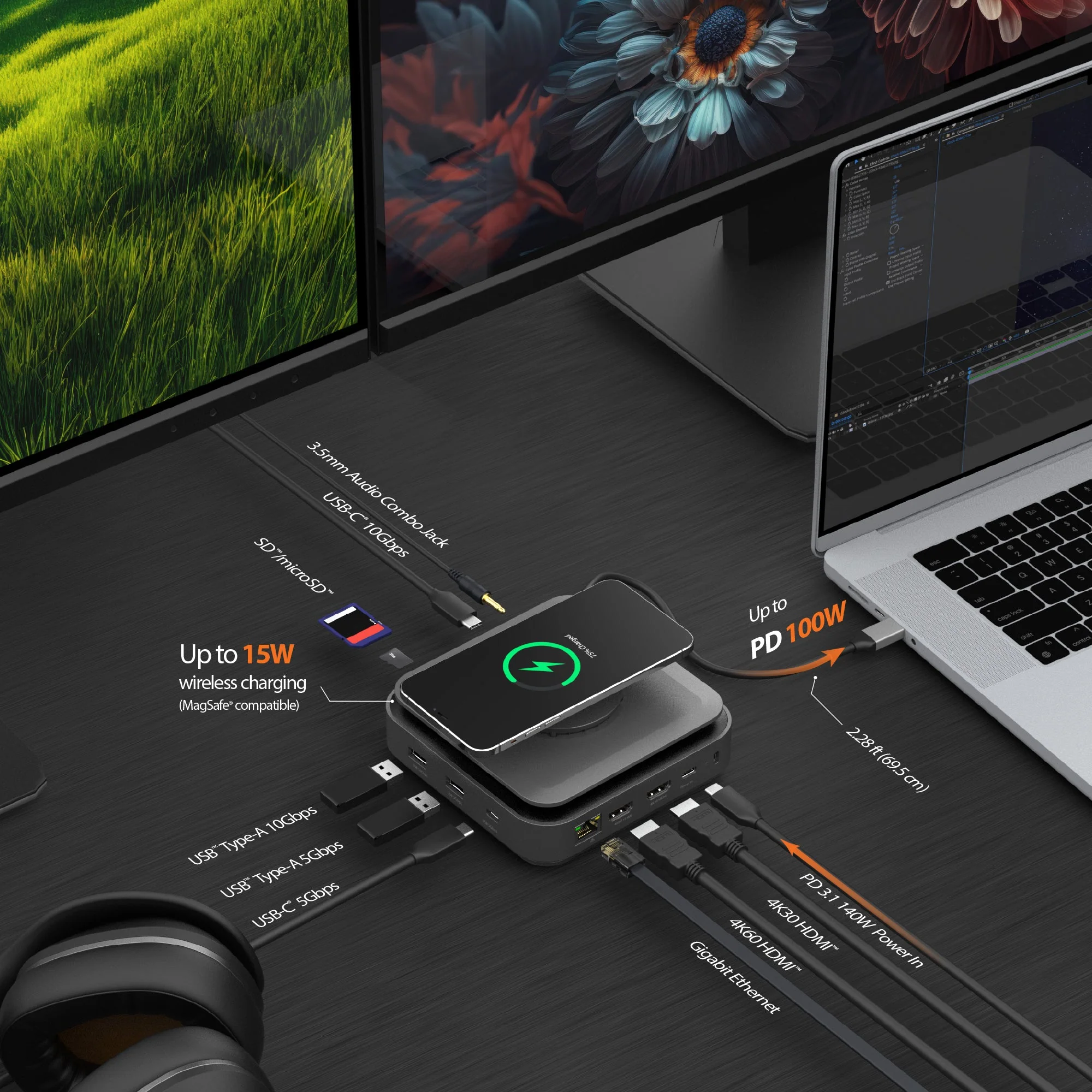 j5create Dock USB-C Dual Display 4K MST MacBookM3 HDMI/RJ45/SD/USB/PD + Wireless Charger JCD3199