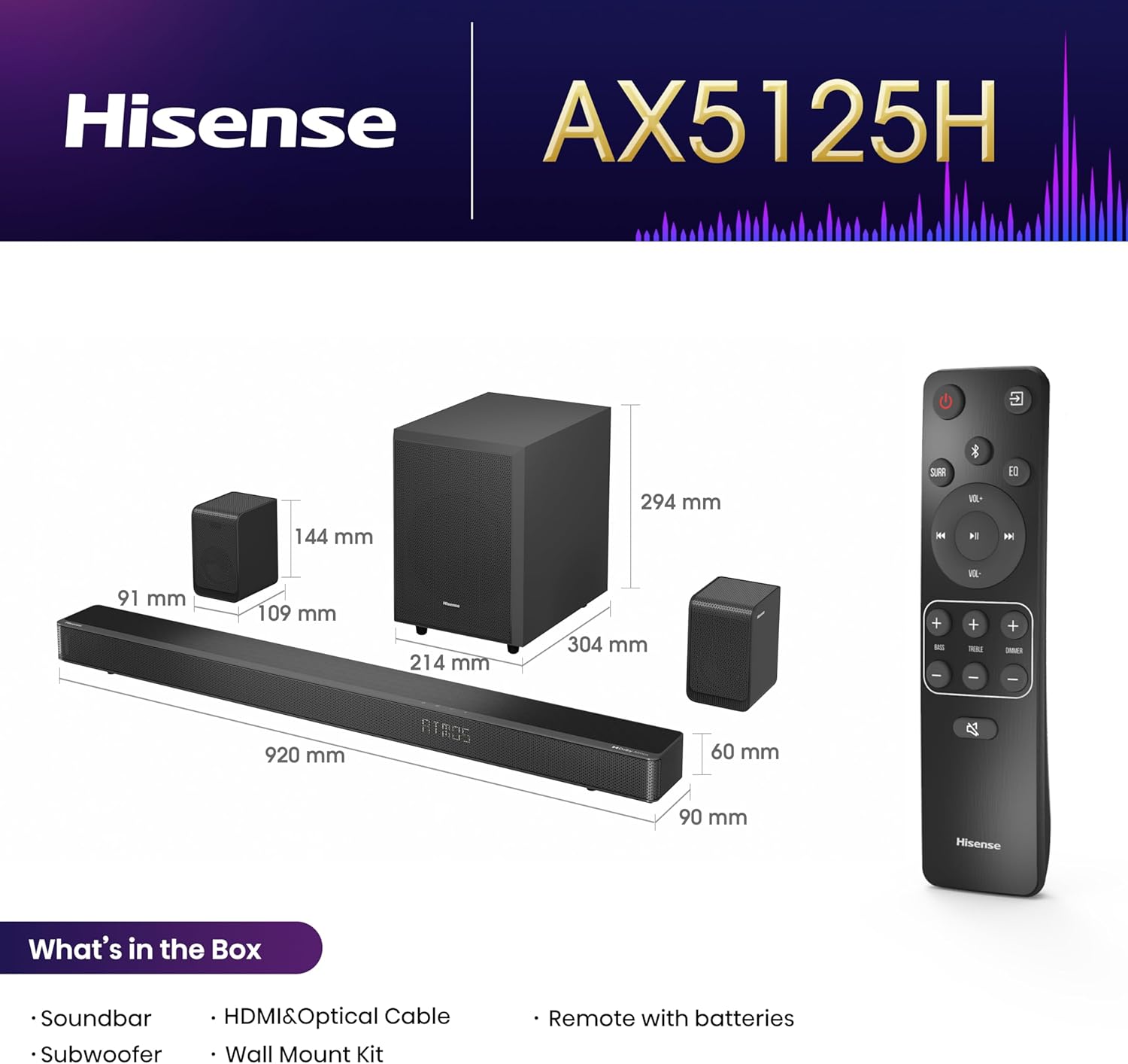 Hisense Soundbar AX5125H 5.1 2 500W Dolby Atmos + Wireless Rear Speakers