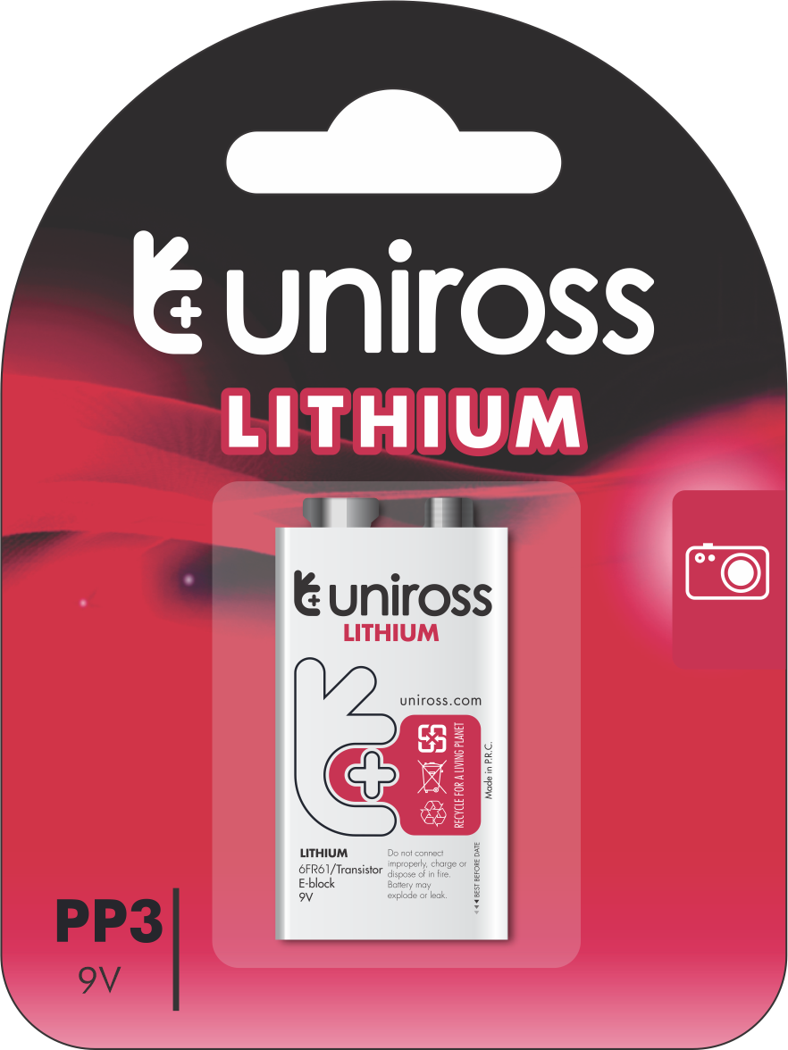 Uniross Lithium 9V Battery (PP3,6AM6,6LR61,6LF22,MN1604)