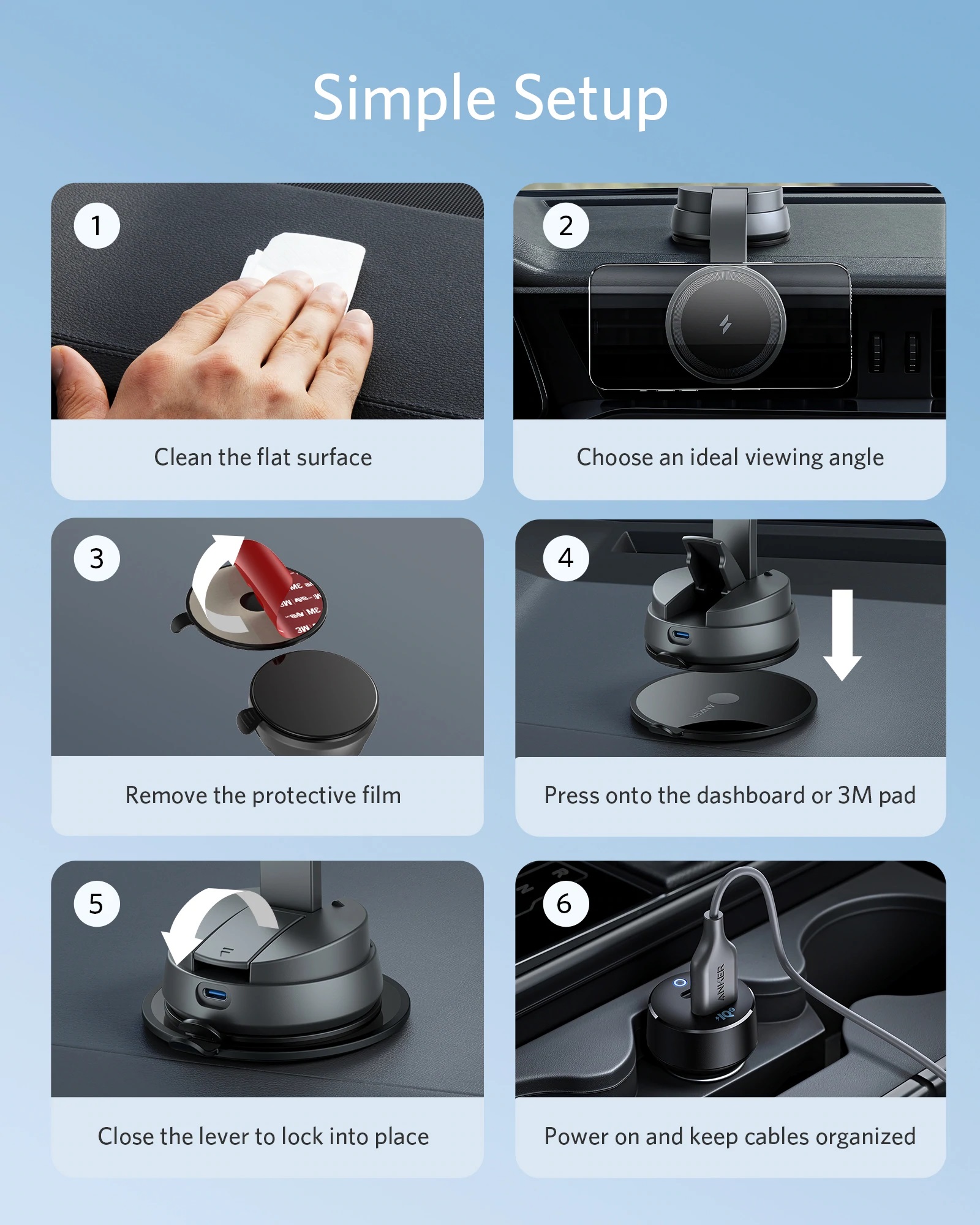 Anker PowerWave Mag-Go Car Wireless Charging Kit with 2-Port Car Charger & USB-C to USB-A 1.5m Cable