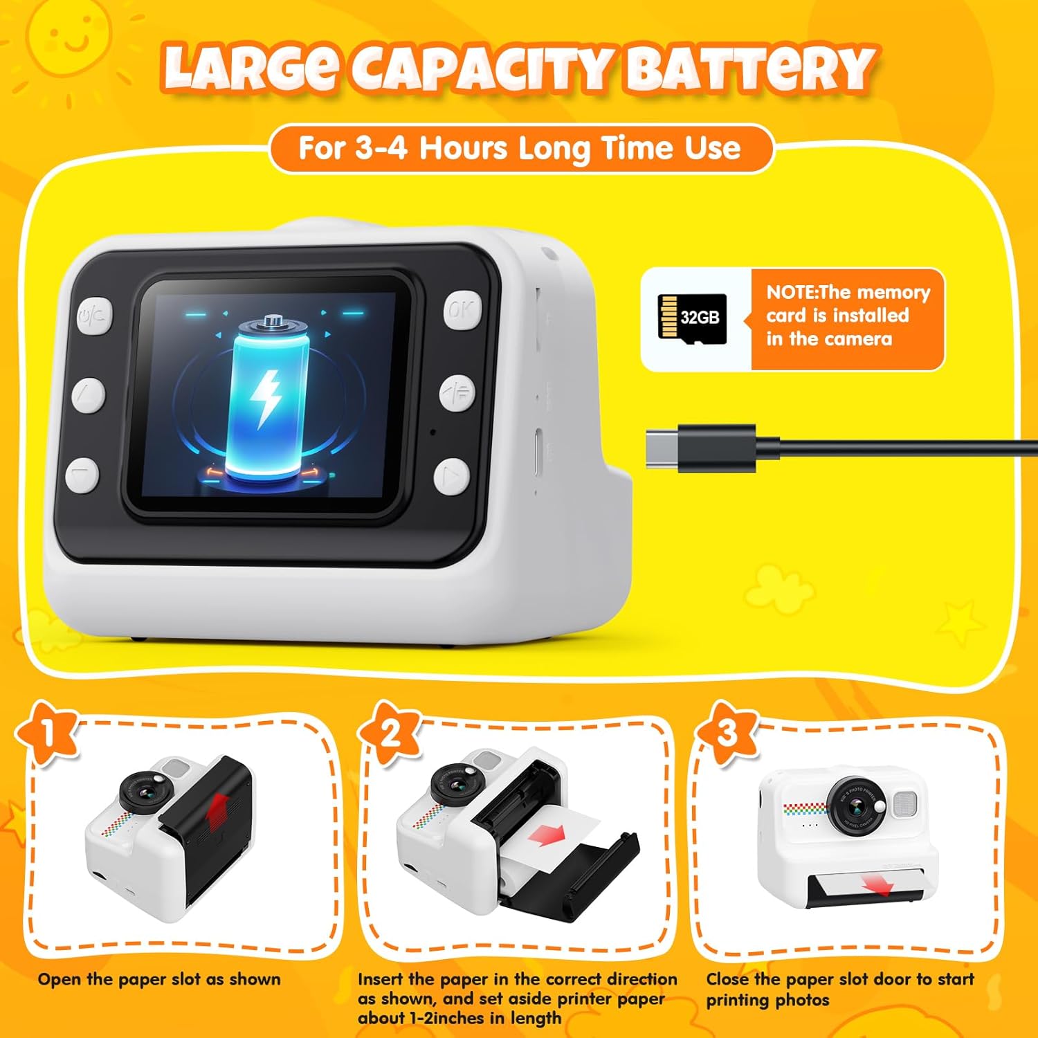 Children's Instant Camera with 32GB Card & 3 Rolls of Printing Paper - White