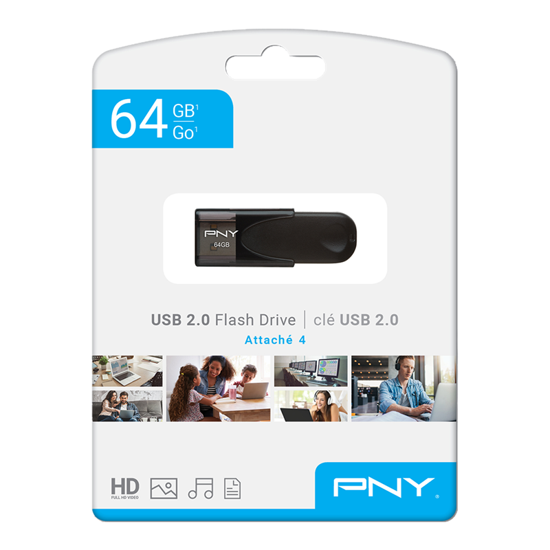 PNY Flash Drive Attache 4 USB 2.0 Stick 64GB Capless Slider Black FD64GATT4