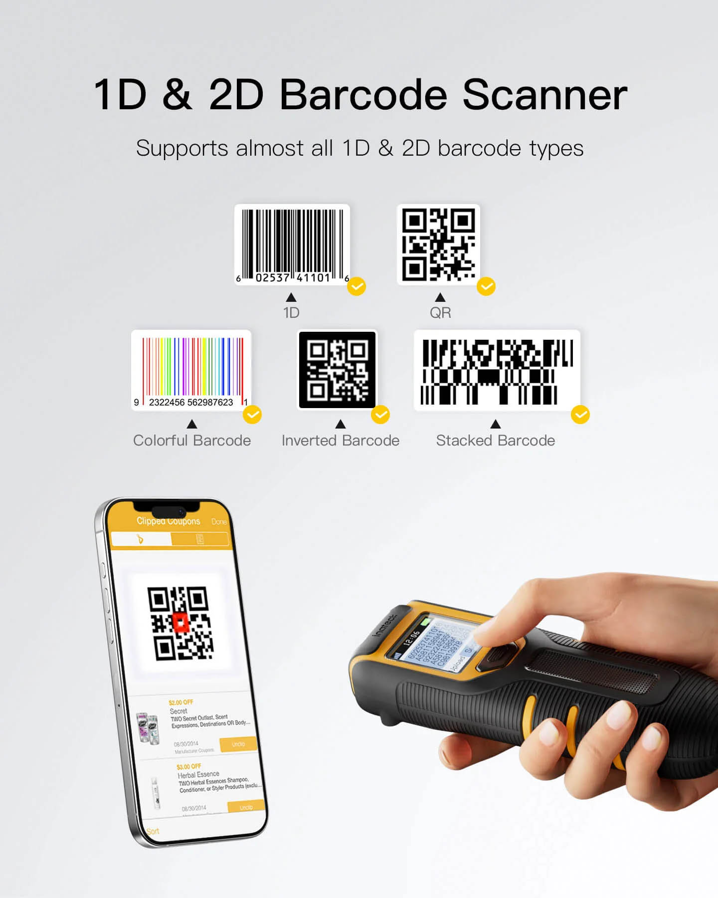 Inatech Barcode Scanner CMOS 1D/2D Wireless 2.4GHz/Bluetooth USB-A 1200mAh Portable & Display BCST-42 Green