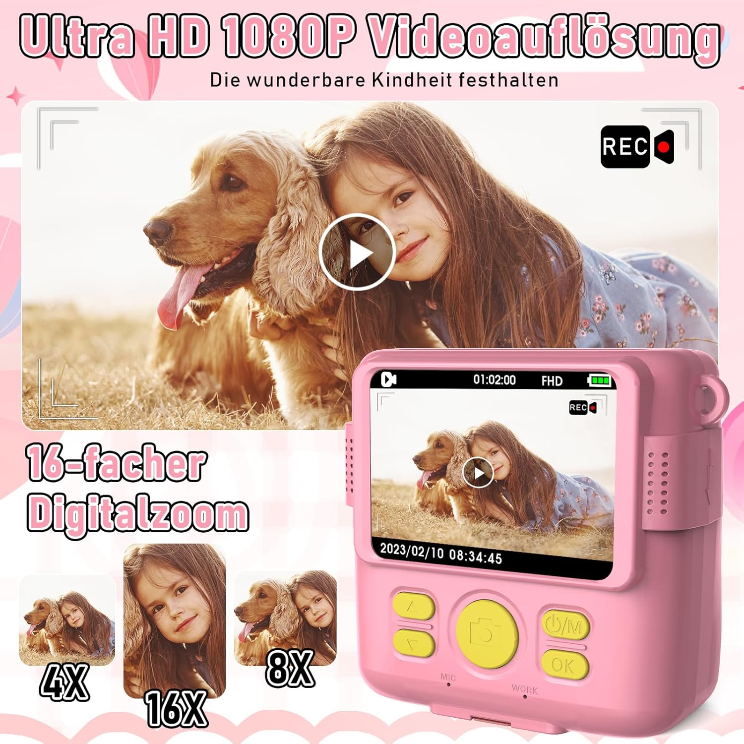 Children's Camera Instant Camera 1080P with 5 Rolls of Printing Paper, 32GB Card, Photo Camera with 6 Coloured Pens, 2 Stickers Gift for Children - Pink
