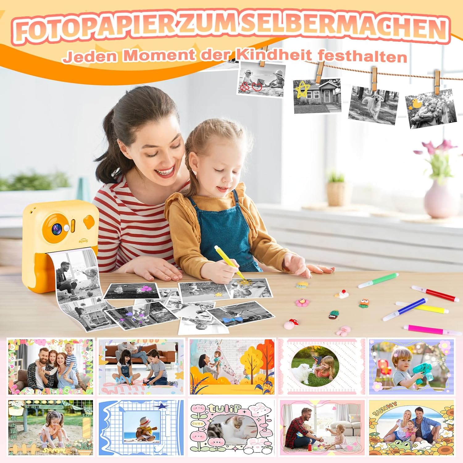 Instant Camera 1080P, 2.4 Inch Children's Camera, Instant Print with 64G Card & 3 Rolls of Printing Paper, Perfect for Children 3-12 Years