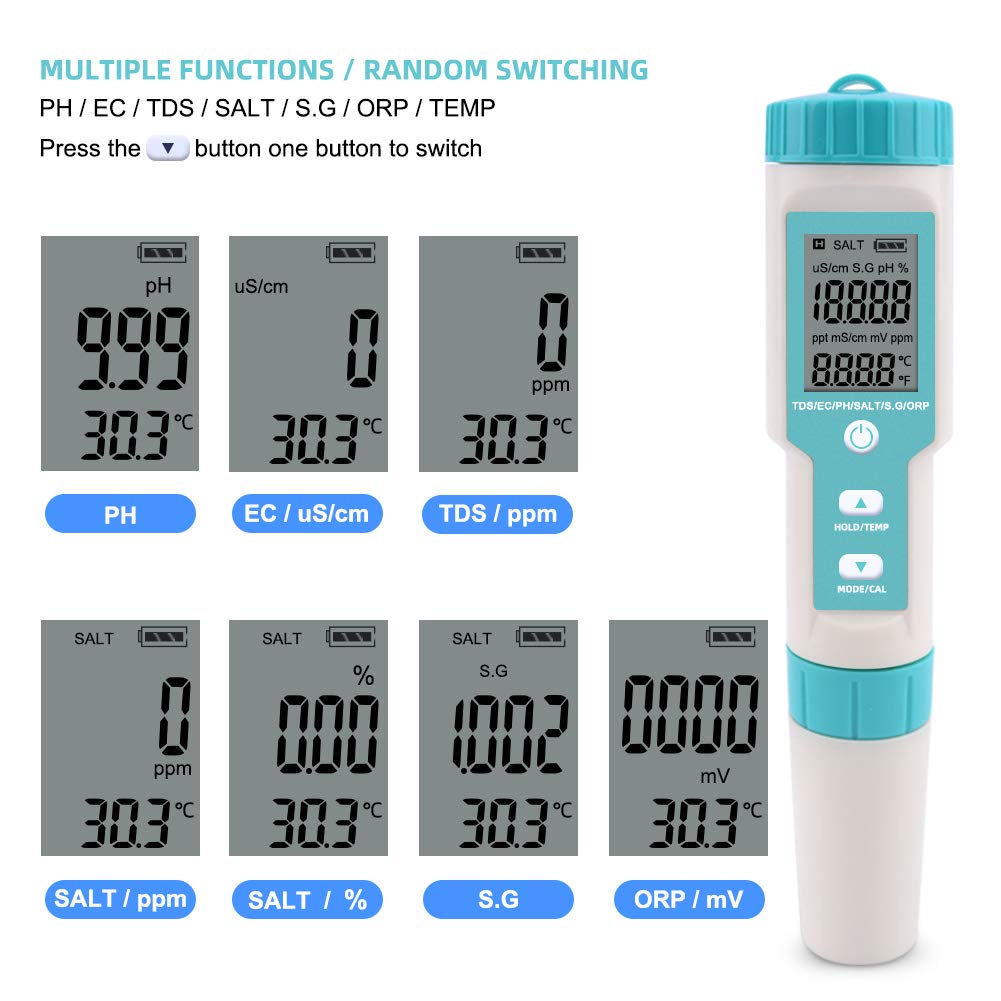 Noyafa Water Quality Tester with 7-in-1 Measurement (pH, TDS, EC, Salinity, S.G., ORP, Temperature), High-Precision Probe, IP67 NF-C600
