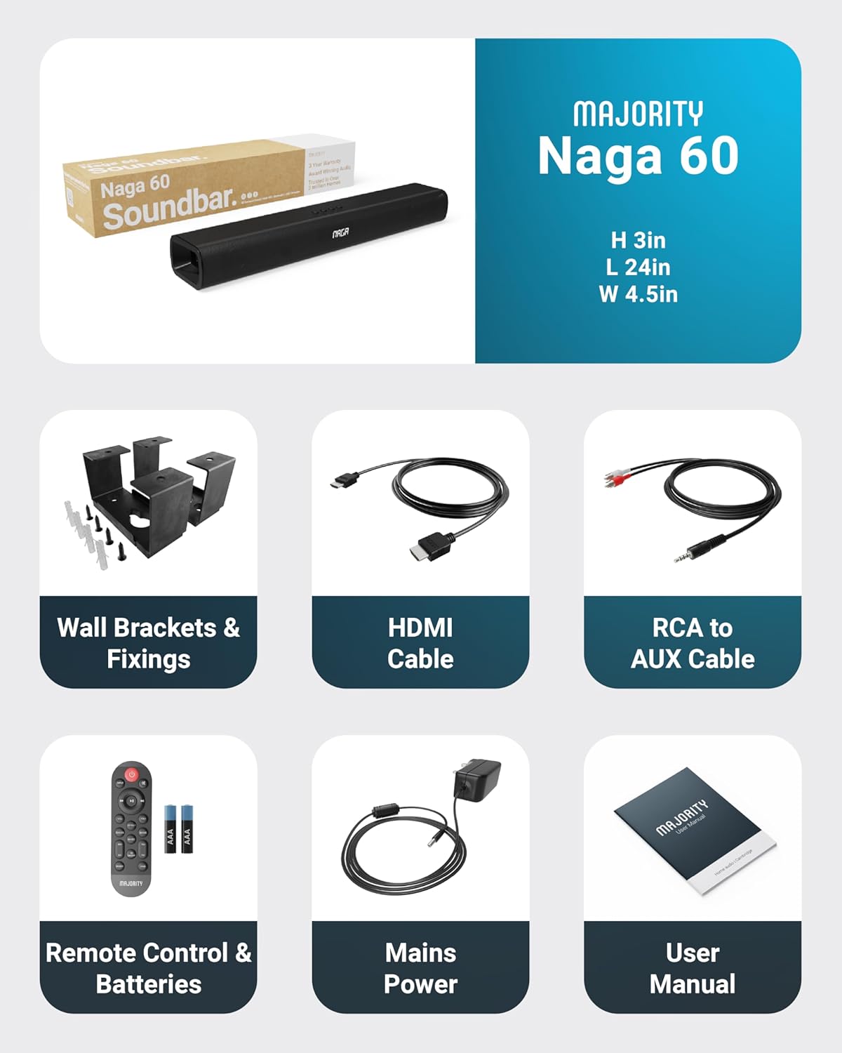 Majority Soundbar NAGA60 120W 2.1 3D Sound Built-in Sub & Wall Mount